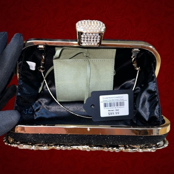 Crystal Rhinestone Embellished Black Evening Bag w/Handle & Chain Strap NWT - Picture 12 of 16